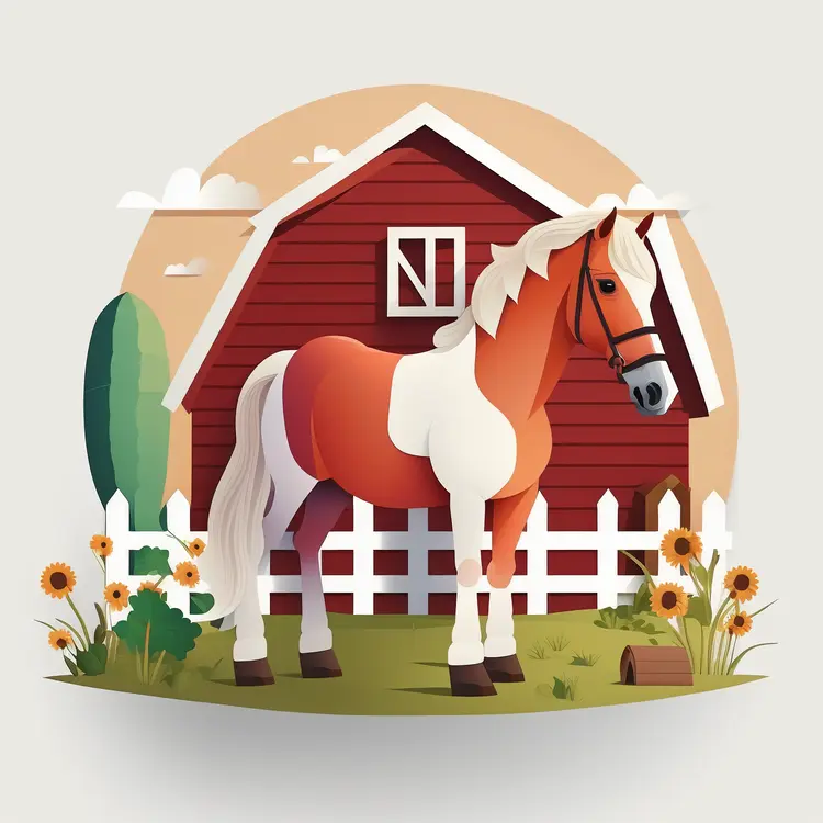 Brown Horse in Front of Red Barn