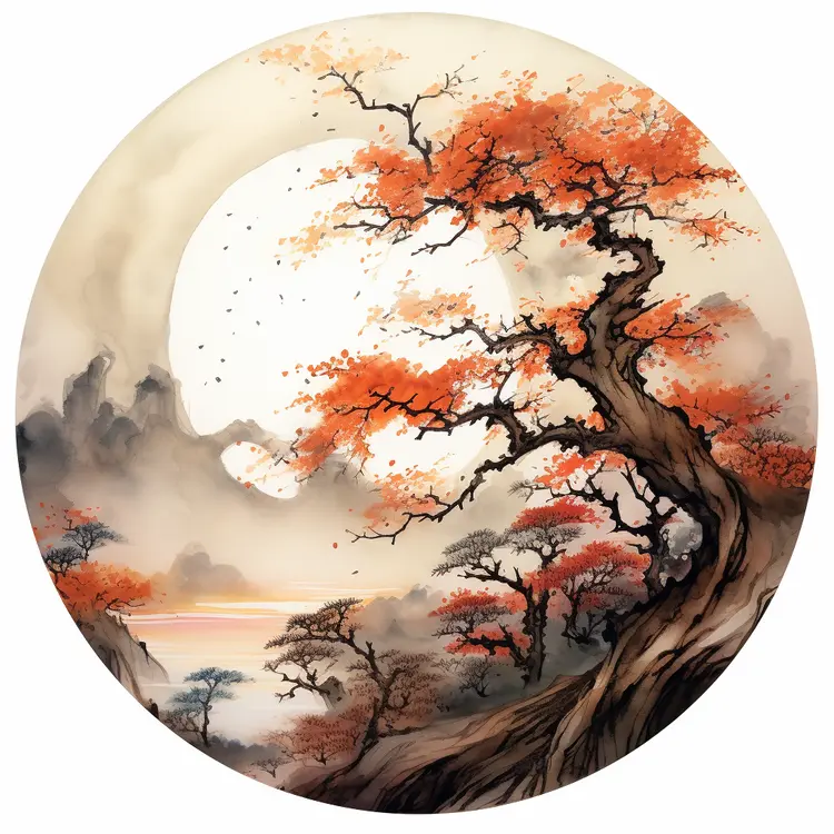 Autumn Tree and Moon Landscape