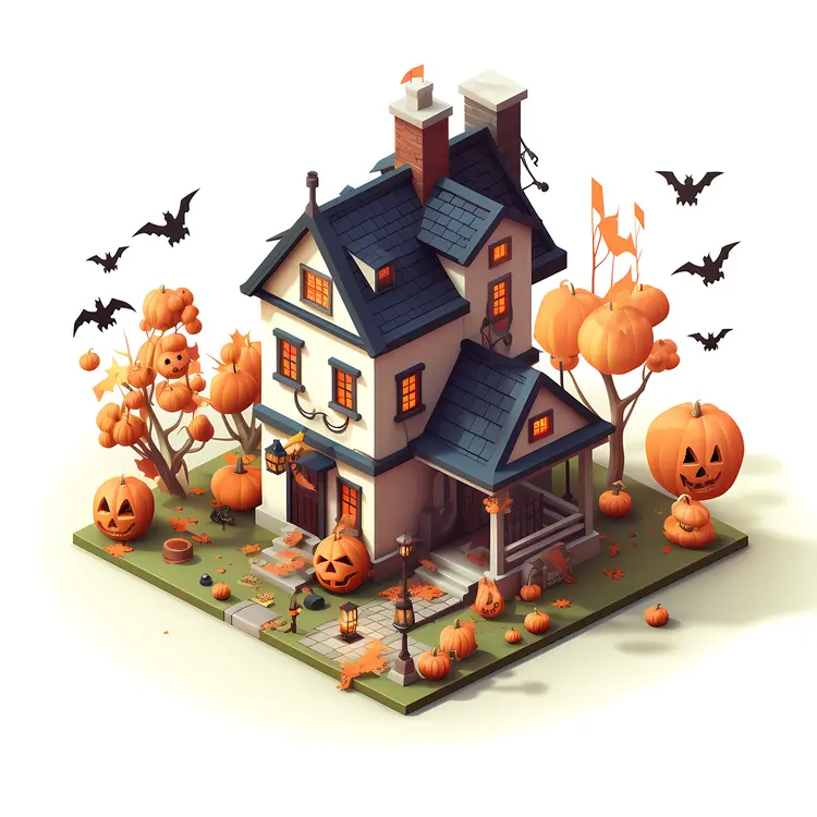 Festively Decorated House with Pumpkins and Bats