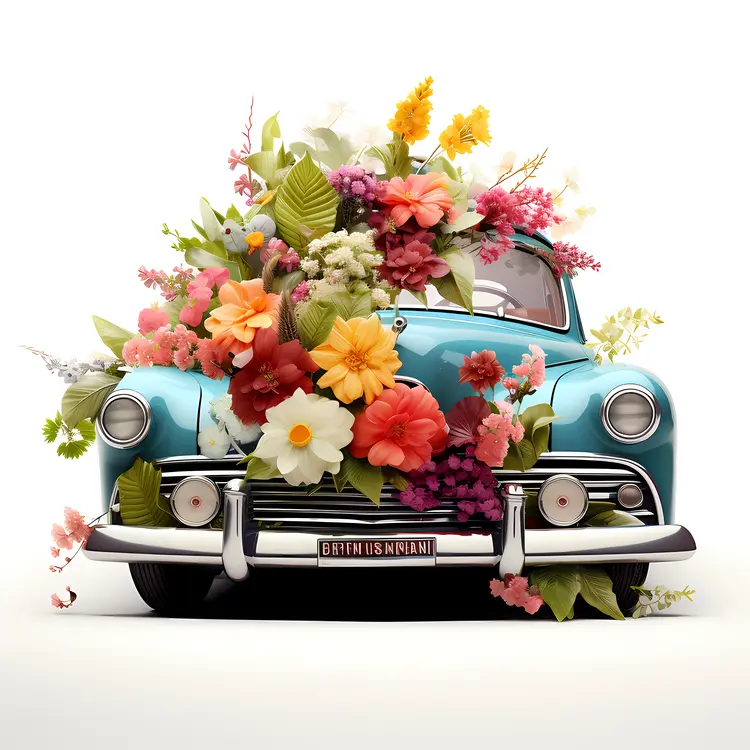 Vintage Blue Car with Floral Decoration