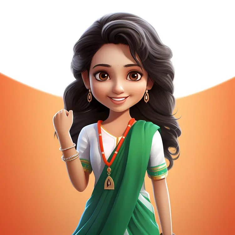 Smiling Woman in Green and White Sari