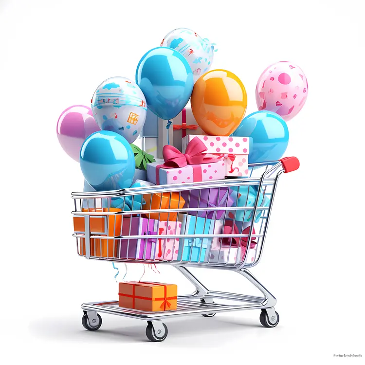 Shopping Cart with Colorful Gifts and Balloons