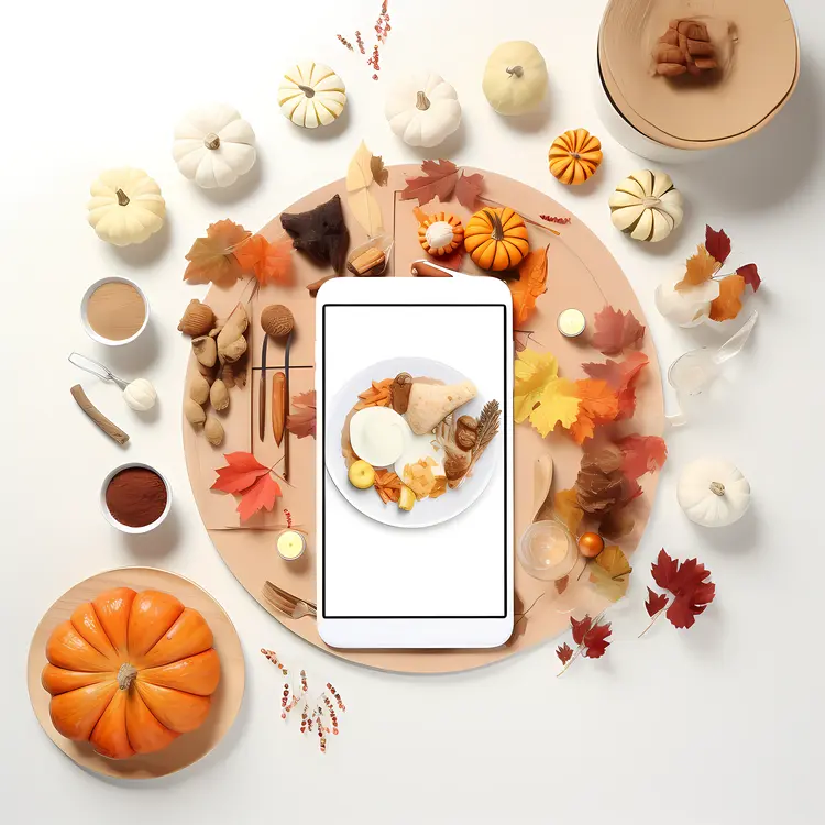 Thanksgiving Meal with Smartphone and Pumpkins
