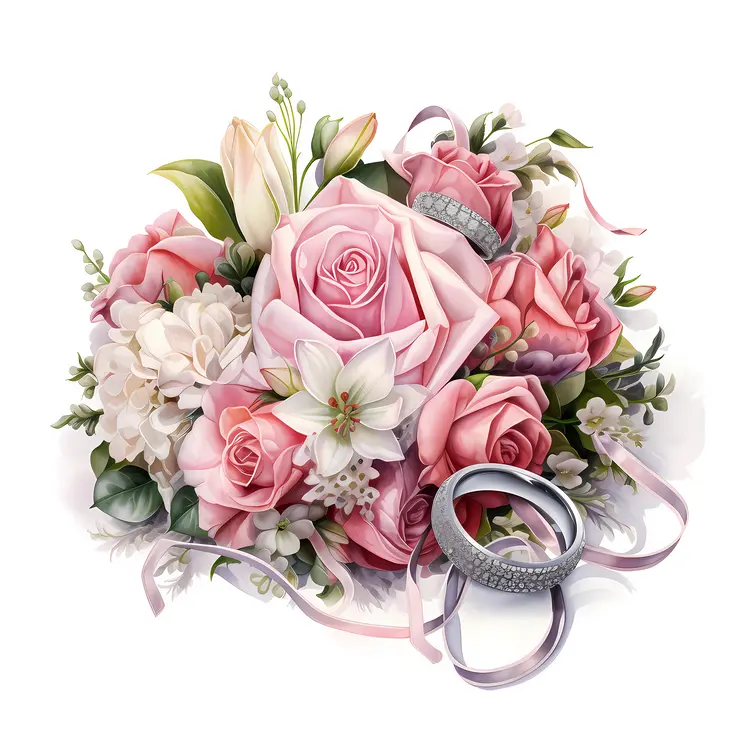 Pink and White Flower Bouquet with Wedding Rings