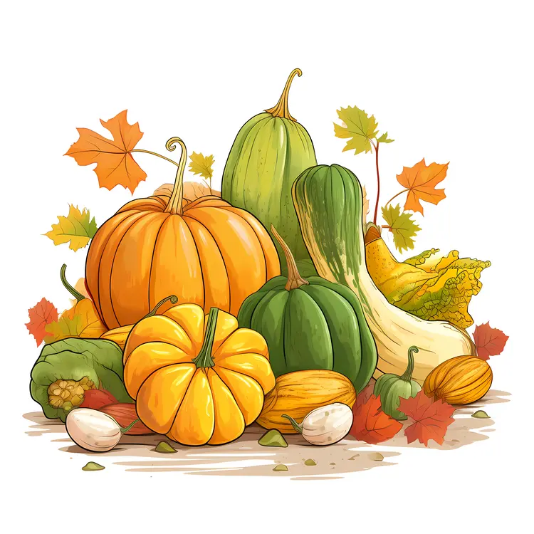 Assorted Pumpkins and Gourds with Leaves