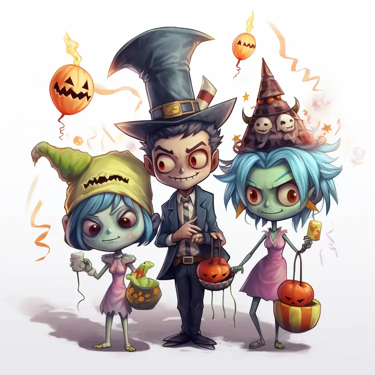 Family in Halloween Costumes with Pumpkins