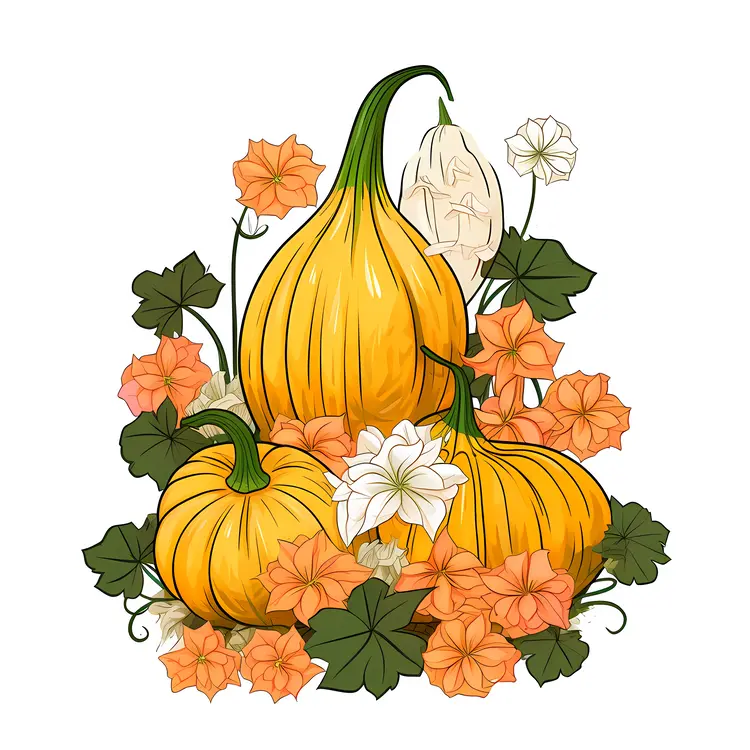 Beautiful Pumpkins with Flowers and Leaves