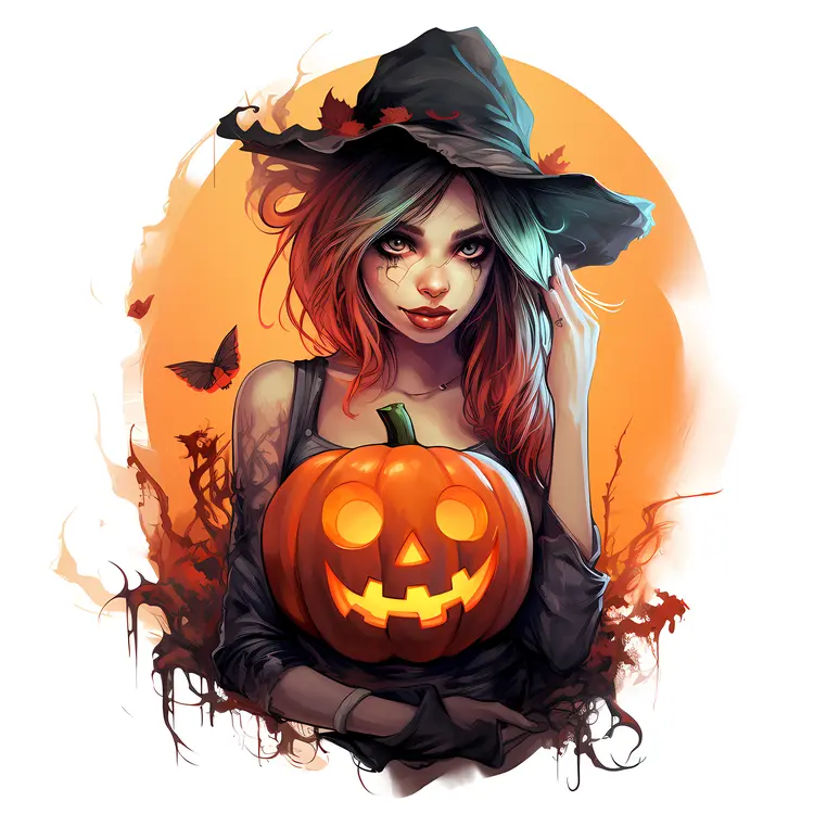 Witch Holding Pumpkin for Halloween