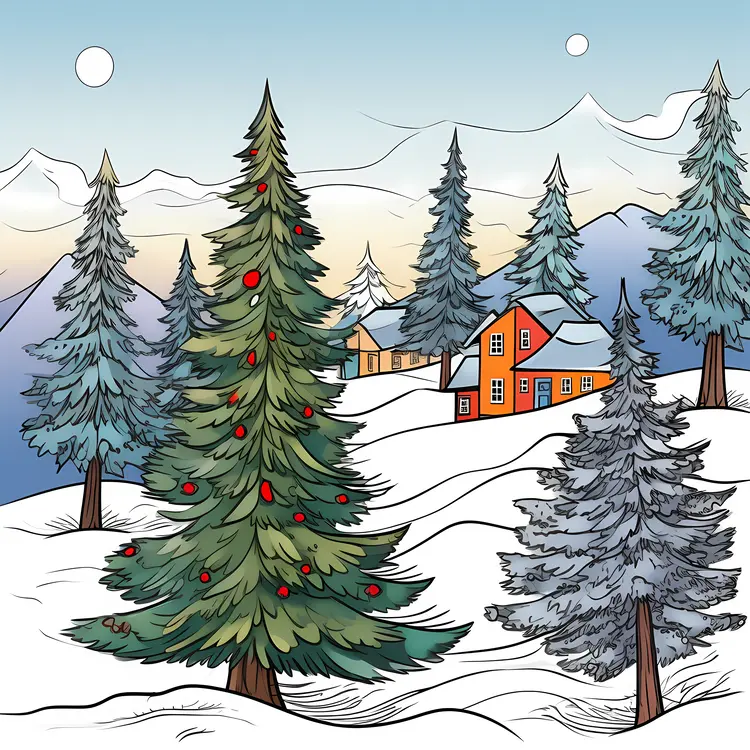 Snowy Forest with Red Cabin and Mountains