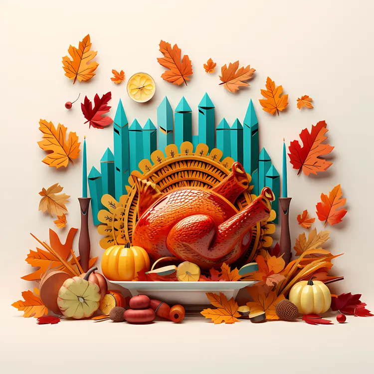 Roasted Turkey with Pumpkins and Autumn Leaves