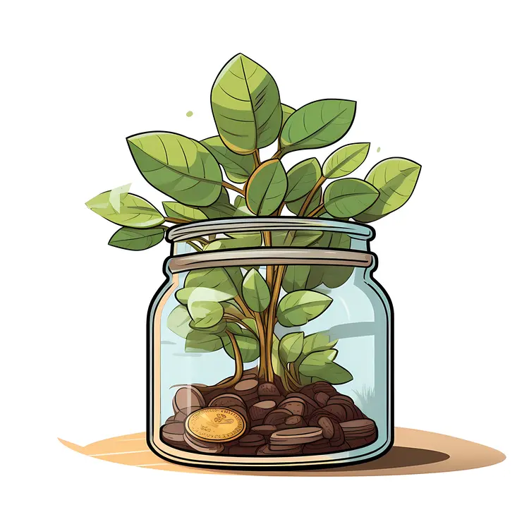 Plant in Jar with Coins for Financial Growth
