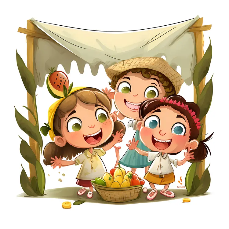 Three Children with Fruits at Market