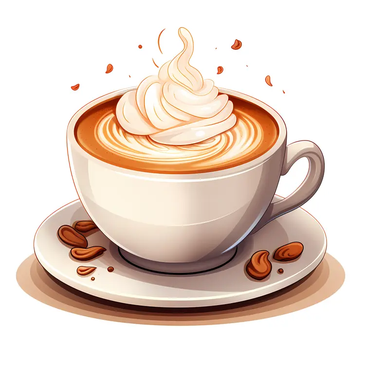 Cup of Coffee with Whipped Cream and Coffee Beans