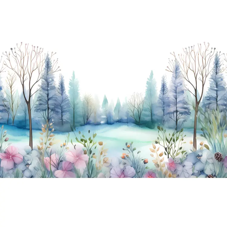 Winter Forest with Blue and Pink Flowers