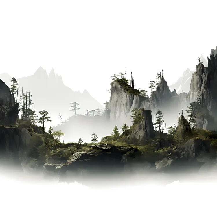 Foggy Mountain Landscape with Trees