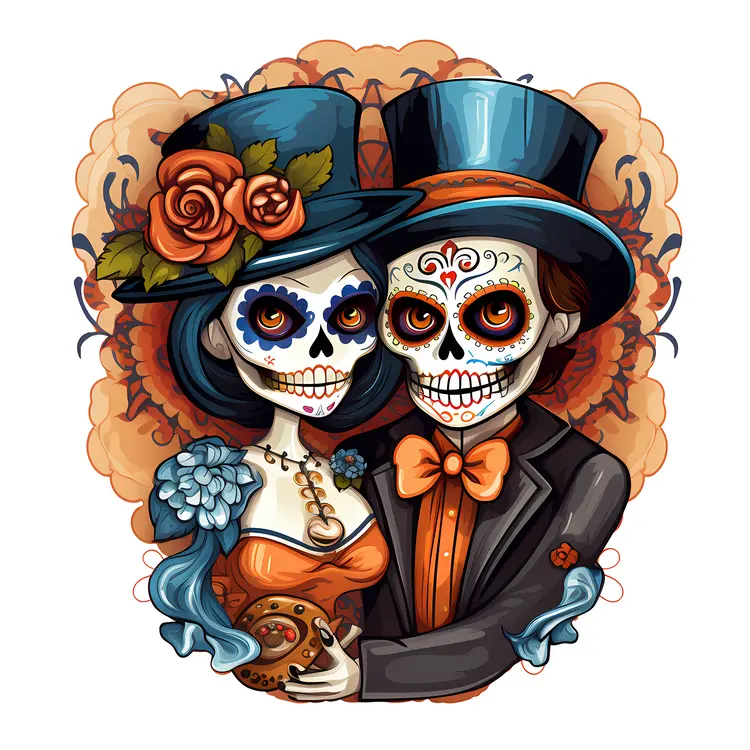 Festive Skeleton Couple with Top Hats and Flowers