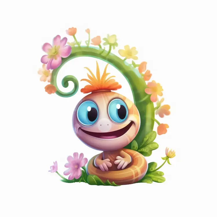 Cute Cartoon Lizard with Flowers and Vine
