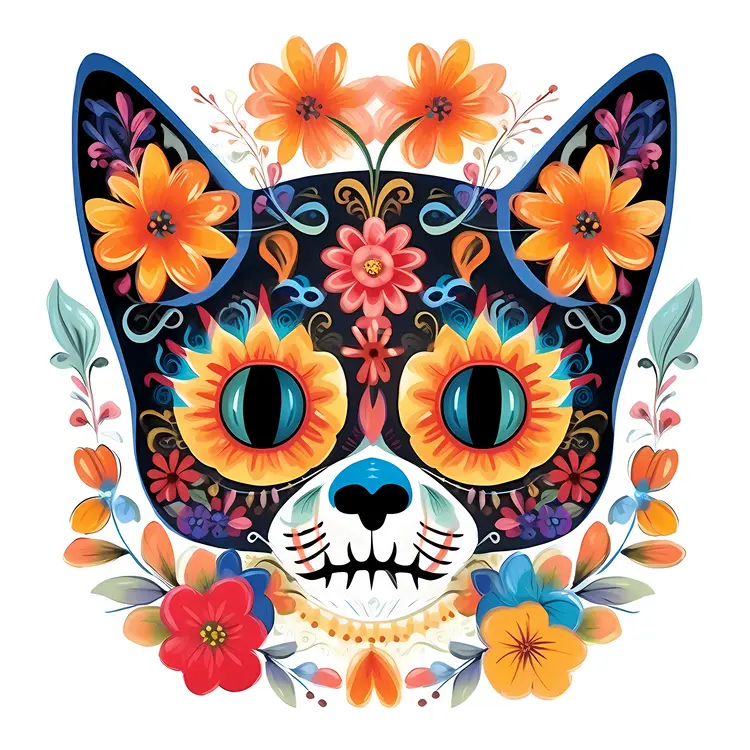 Colorful Floral Cat Art for Day of the Dead Celebration