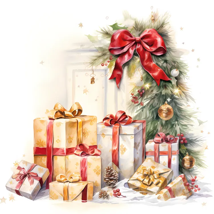 Christmas Gifts with Ribbons and Wreath