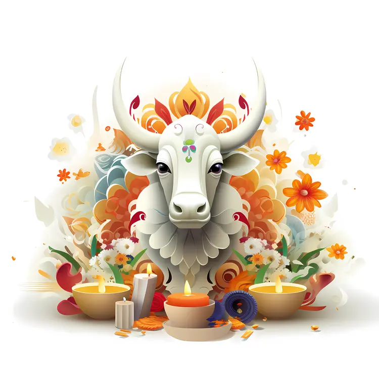 Festive Bull with Flowers and Candles for Diwali Celebration
