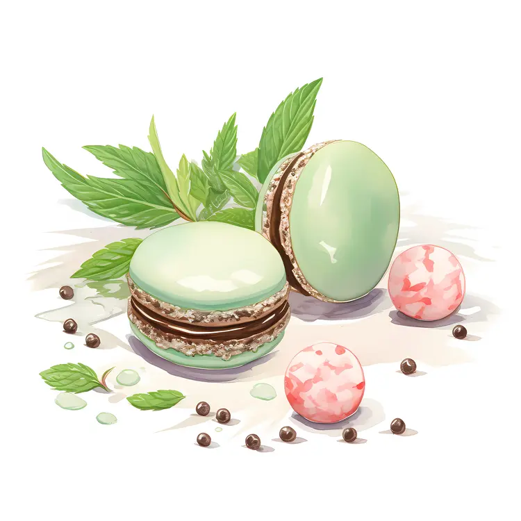 Green Macarons with Mint Leaves and Chocolate