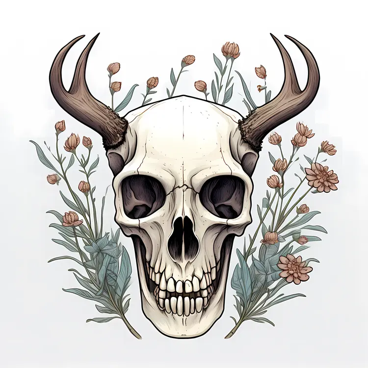 Decorative Skull with Flowers and Antlers
