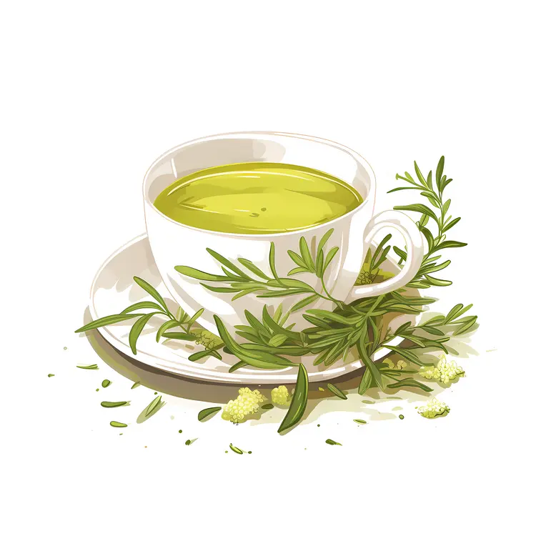 Green Tea Cup with Saucer and Leaves Illustration