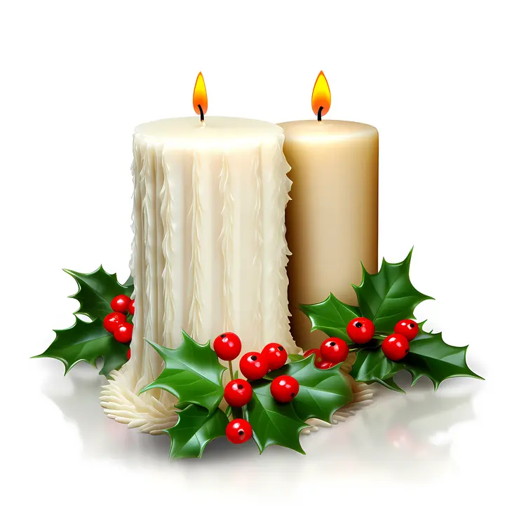 Two Christmas Candles with Holly and Berries