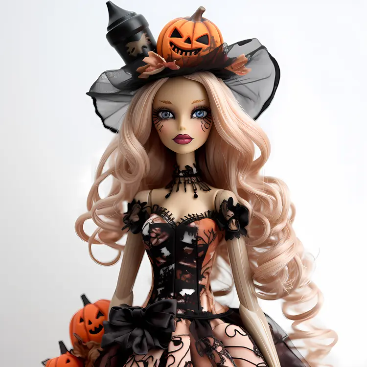 Blonde Halloween Doll with Witch Hat and Pumpkins