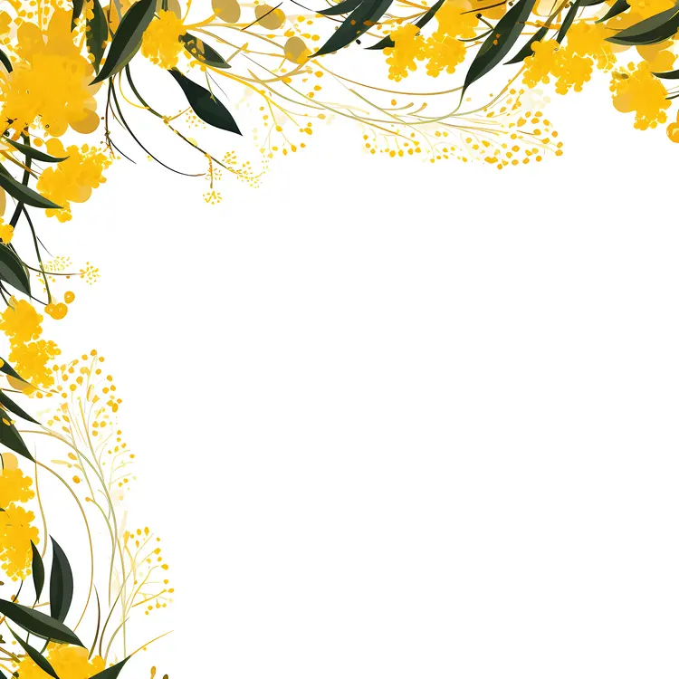 Yellow Flowers with Green Leaves in a Top Corner Floral Border