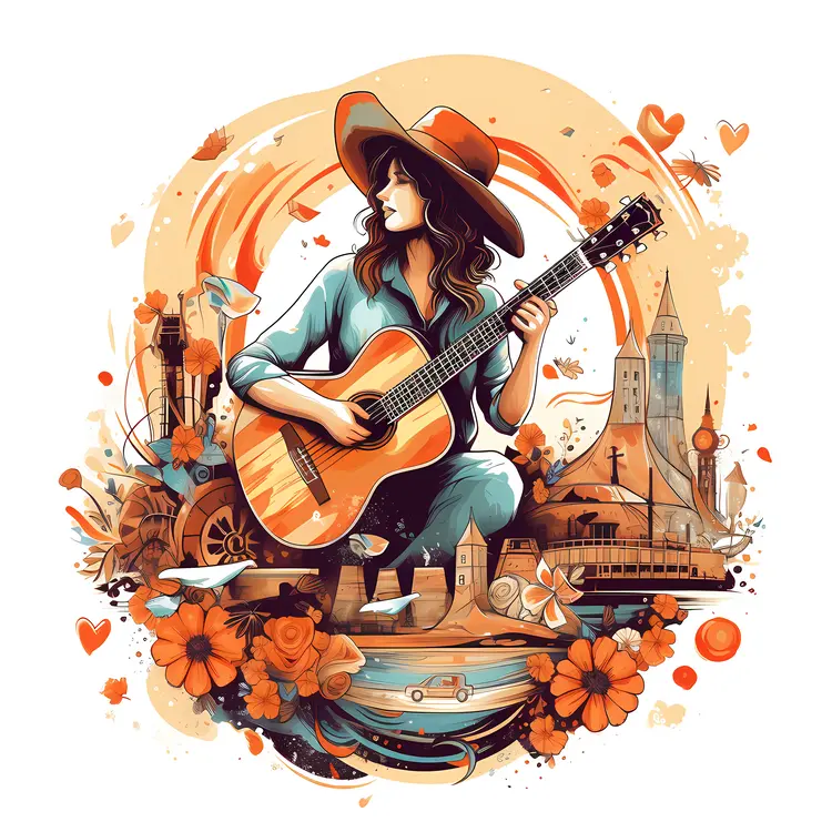 Woman Playing Guitar with Flowers and Buildings