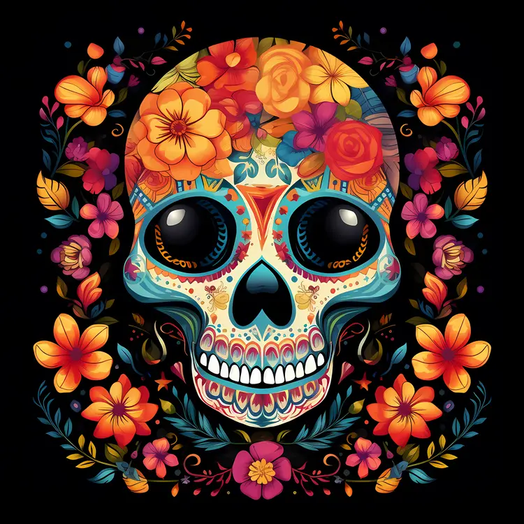 Colorful Sugar Skull with Floral Patterns for Day of the Dead