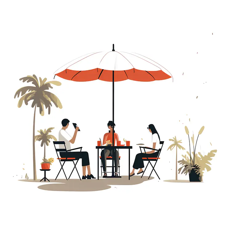 Group Dining Outdoors Under an Umbrella