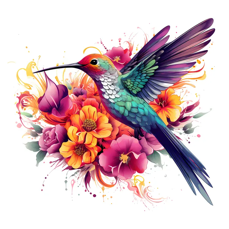 Hummingbird and Colorful Flowers Illustration