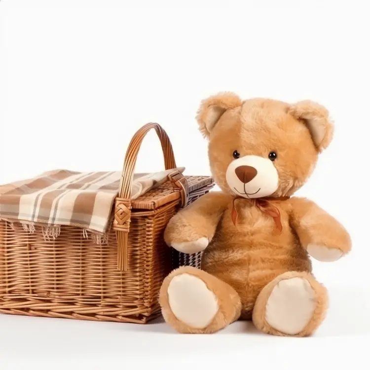 Cute Brown Teddy Bear with Picnic Basket