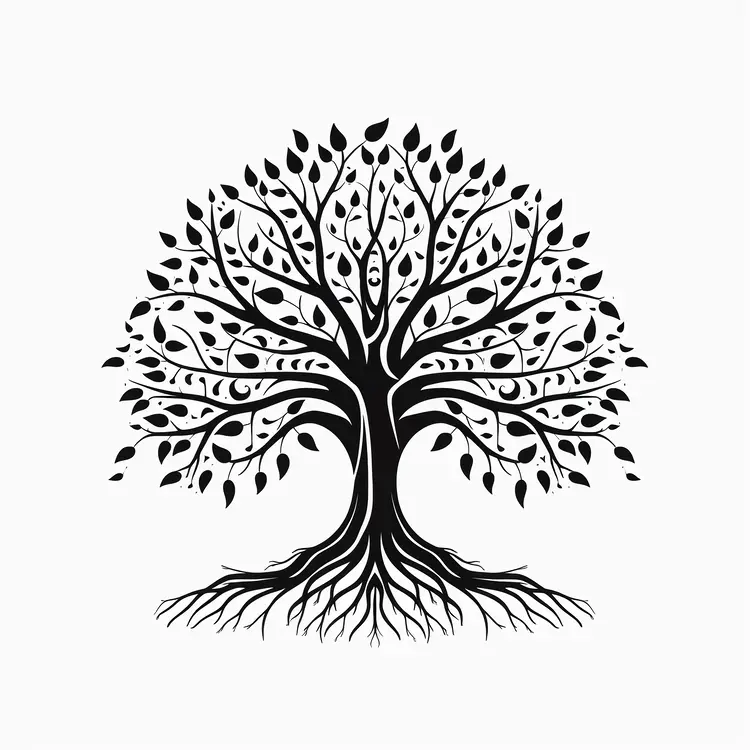 Black Silhouette Tree with Roots and Branches
