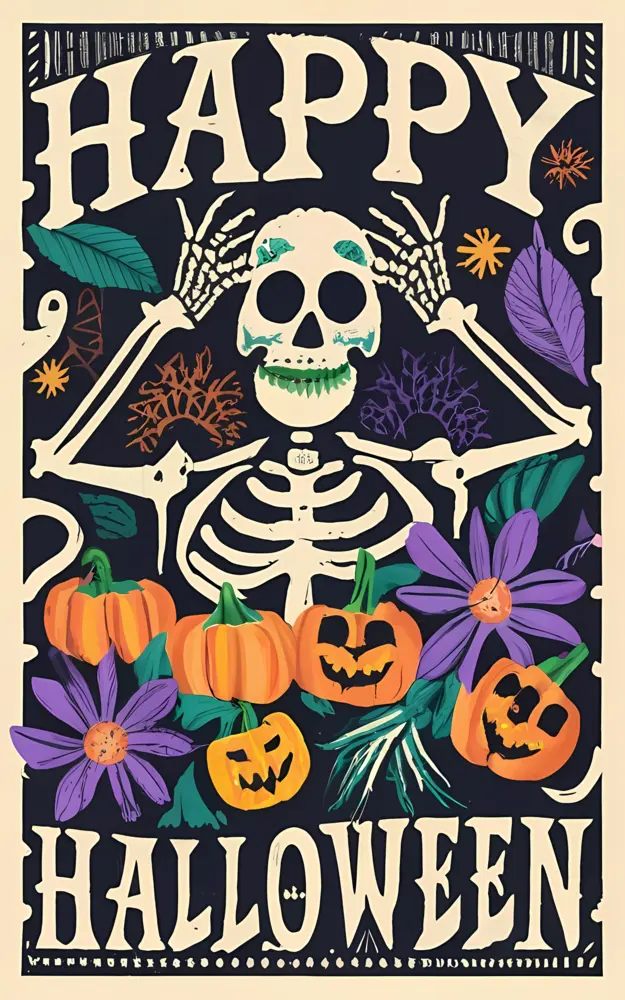 Skeleton with Pumpkins and Leaves
