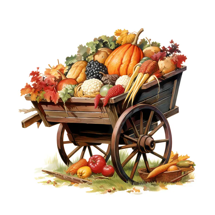 Wooden Cart with Pumpkins and Vegetables for Thanksgiving