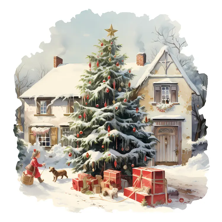 Christmas Tree with Presents in Snowy Yard