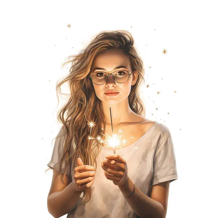 Woman with Glasses Holding a Sparkler
