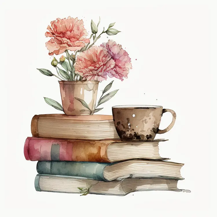 Stack of Books with Flowers and Cup