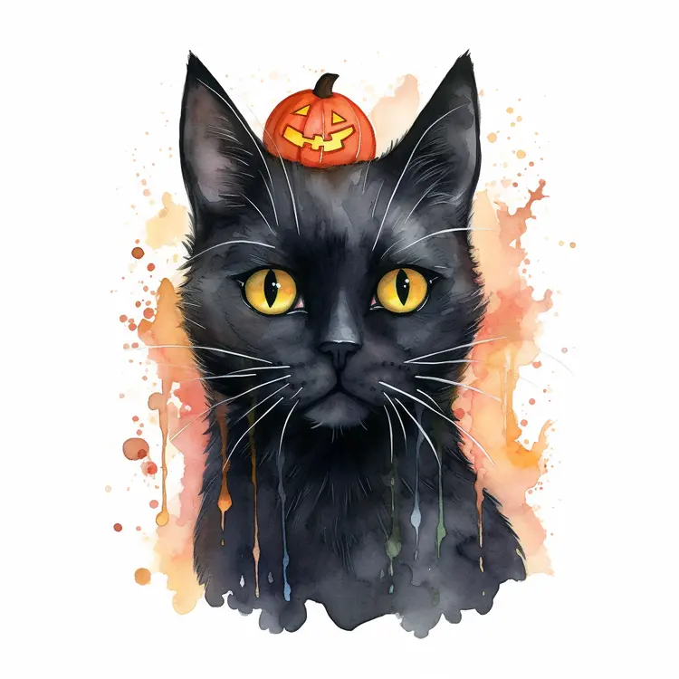 Black Cat with Halloween Pumpkin Hat