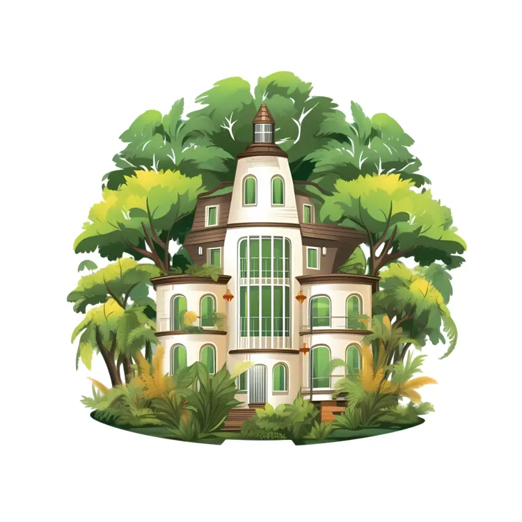 Small cute doodle house surrounded by trees