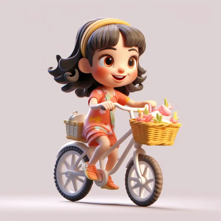 Cute Girl on Bicycle with Basket of Flowers