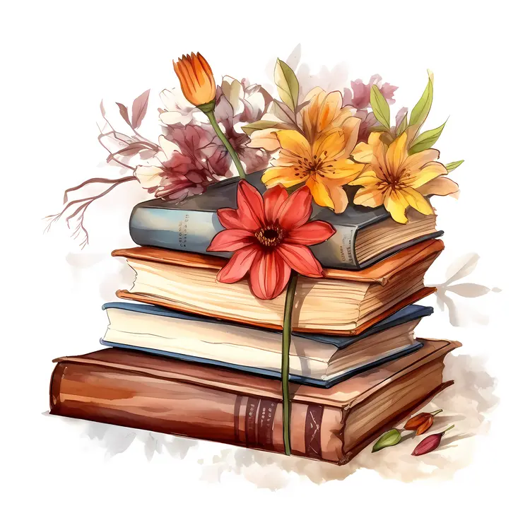 Stack of Books with Colorful Flowers