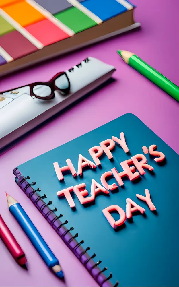 Happy Teacher's Day Greeting with Notebook and Pencils