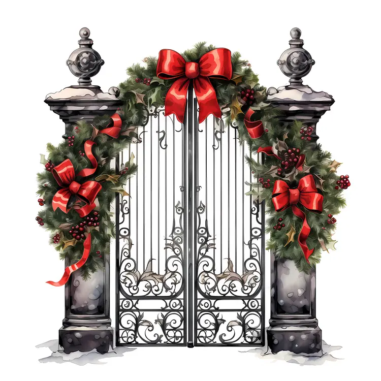 Festively Decorated Gate with Red Bows and Garland