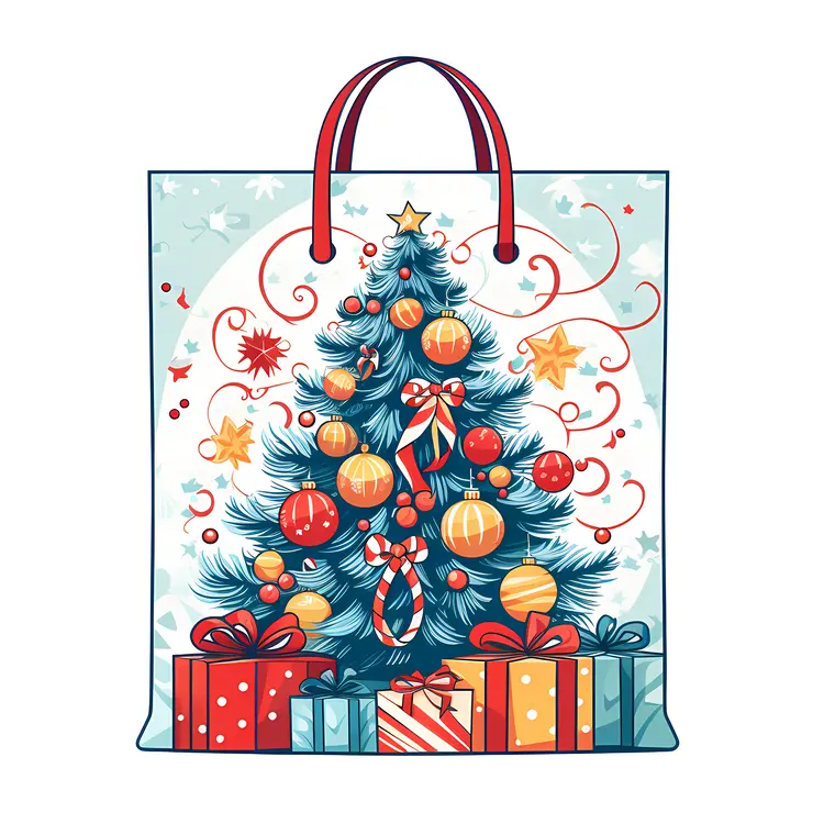 Christmas Tree with Gifts and Decorations on Holiday Bag