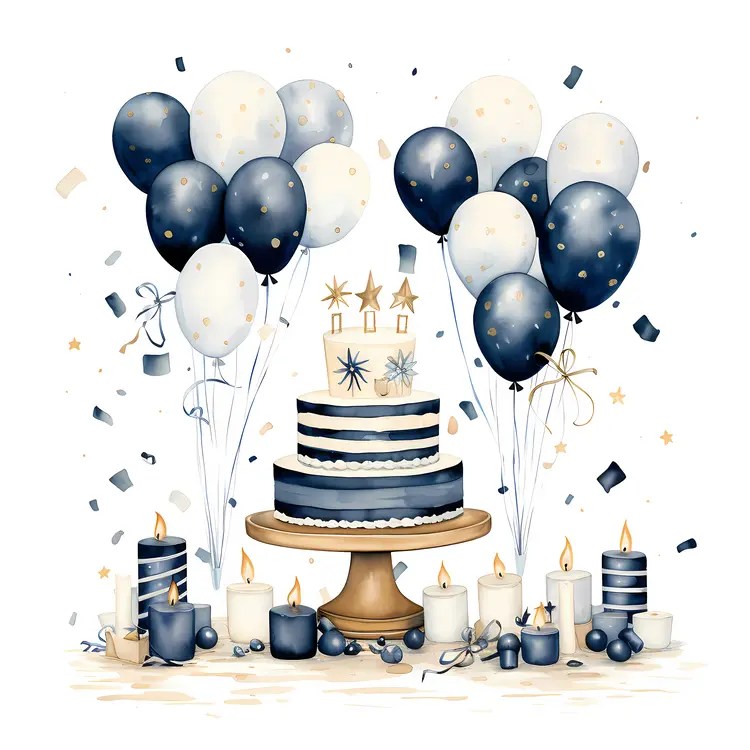 Navy Blue Cake with Balloons and Candles