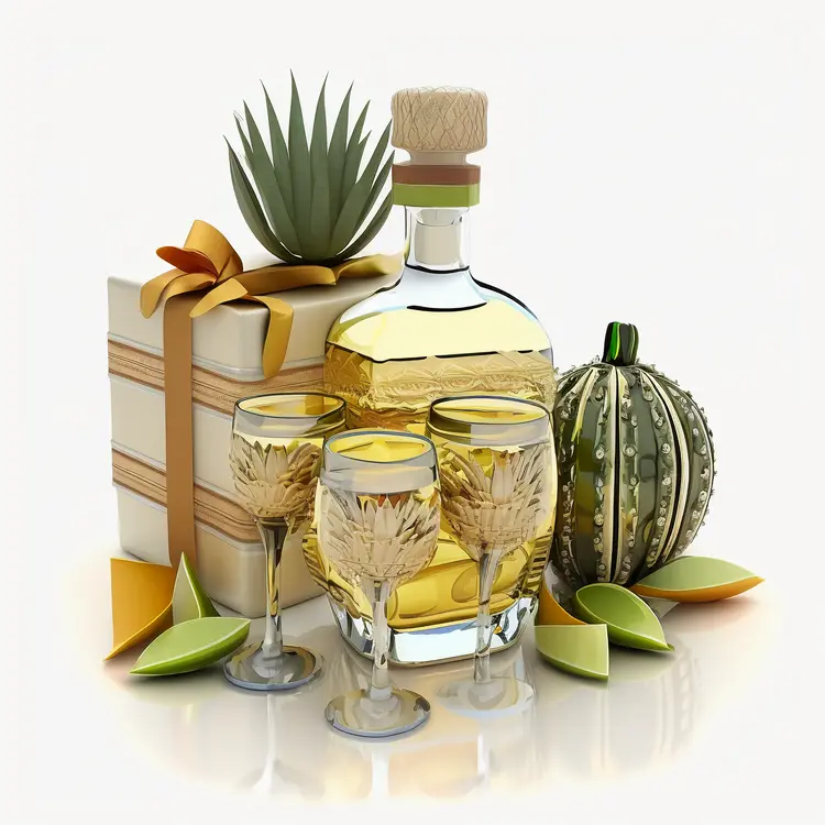 Tequila Bottle with Glasses and Cactus for Cinco de Mayo Celebration